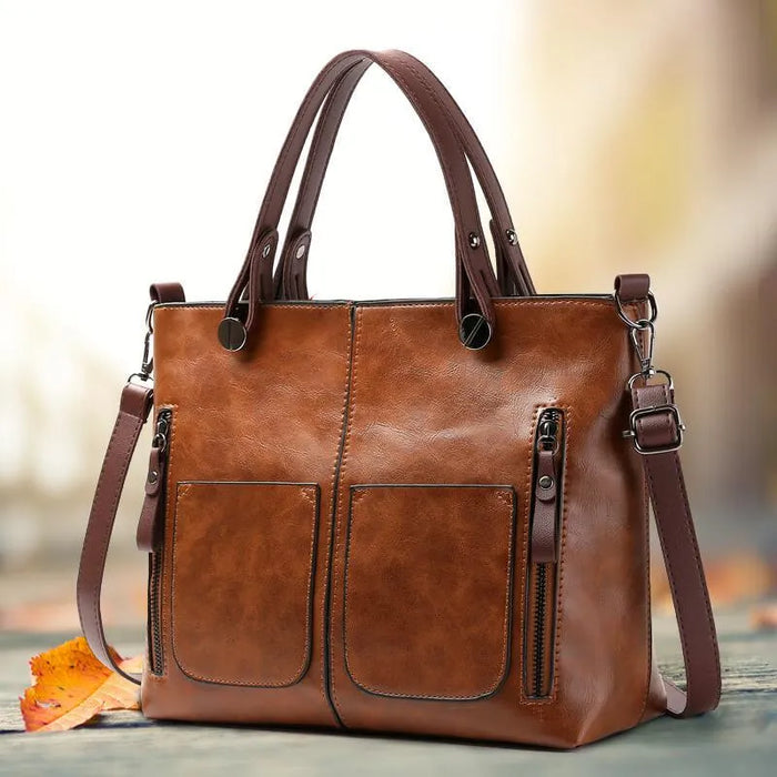 Women’S Vintage Leather Tote Handbag with Multi Pocket Storage